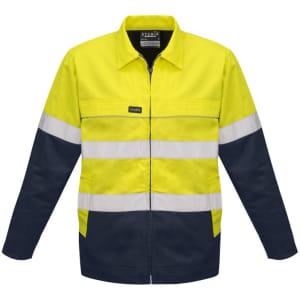 A hi-vis cotton drill jacket in bright yellow and navy, featuring reflective strips and a logo.