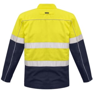 A high visibility cotton drill jacket in fluorescent yellow with navy sleeves and reflective stripes. Features branding on the back.