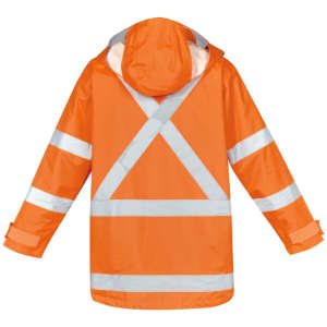 An orange waterproof jacket featuring reflective strips and a hood, with a logo on the fabric.