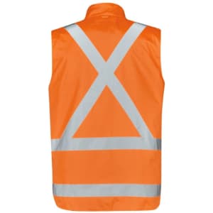An orange waterproof jacket with reflective stripes on the back, featuring a high-visibility design.