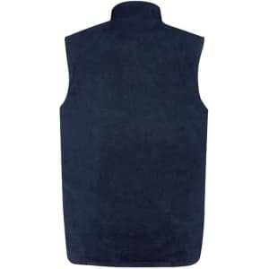 A navy blue fleece vest featuring a high collar and no sleeves, designed for warmth and comfort.