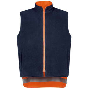 A waterproof jacket featuring a navy exterior with an orange interior, designed for workwear. Includes a logo.