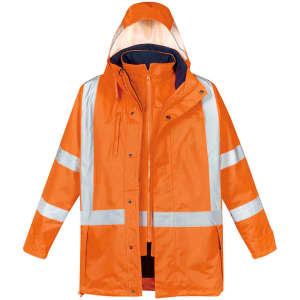 A waterproof jacket in bright orange with reflective strips and a detachable hood. It features a logo on it.