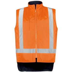 An orange waterproof jacket featuring reflective stripes and a zip closure, designed for high visibility workwear.
