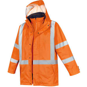 A bright orange waterproof jacket with reflective stripes and a hood, featuring a branded logo.