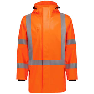 An orange heavy-duty waterproof jacket with reflective grey stripes and a hood, featuring a logo on the front.