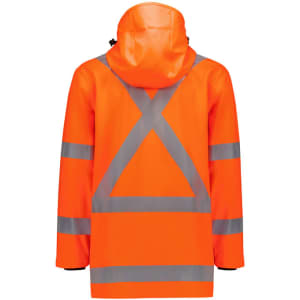 A men’s heavy-duty waterproof jacket in bright orange with reflective stripes and a hood, featuring a logo.