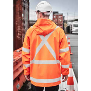 An orange waterproof jacket with reflective stripes and a hood, worn by a person facing away. It has a logo on the back.