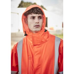 An orange heavy-duty waterproof jacket with reflective strips, featuring a hood and a zippered collar, worn by a model.