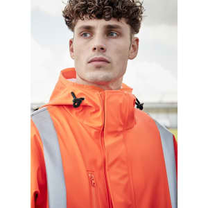 A heavy duty waterproof jacket in bright orange, featuring reflective silver stripes and a hooded design.