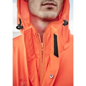 An orange waterproof jacket featuring a high visibility design and a zippered front. It includes a hood with adjustable toggles.