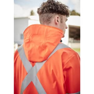 A heavy-duty waterproof jacket in bright orange with reflective silver X-back detailing, featuring a hood.