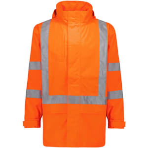 A waterproof jacket in bright orange with reflective stripes, featuring a hood and two front pockets.