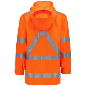 An ultralite waterproof jacket in high visibility orange, featuring reflective strips and a hood.