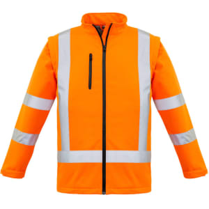 A bright orange unisex softshell jacket featuring reflective stripes, with a zip front and a pocket on the chest.