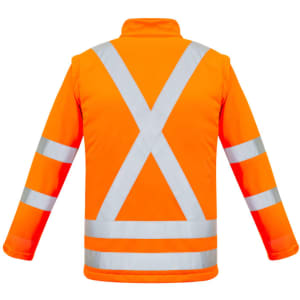A bright orange softshell jacket with reflective stripes in an X-back pattern. It has a logo on the front.