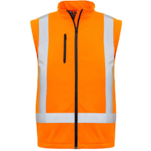 An orange softshell vest with reflective stripes and a zip-up front, featuring a pocket on the chest.