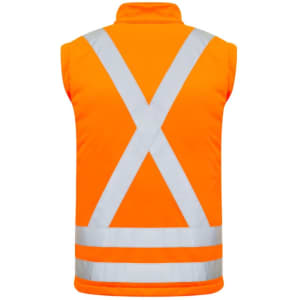 A high-visibility orange softshell jacket featuring reflective crossback and stripe designs. It has a logo on the front.