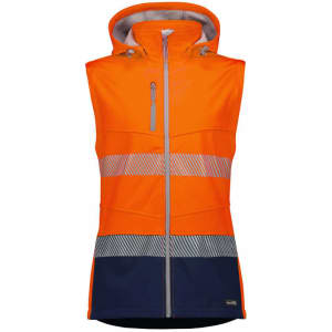 An orange and navy women's softshell work jacket with a hood and reflective stripes. It features a zip closure and a logo.