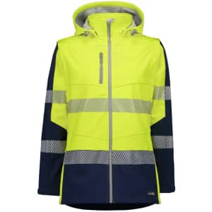 A high visibility women's softshell jacket in bright yellow and navy, featuring reflective stripes and a hood.