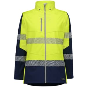 A women's 2 in 1 stretch softshell jacket in high visibility yellow and navy, featuring reflective stripes and a logo.