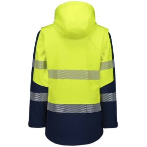 A women's softshell jacket in fluorescent yellow and navy, featuring reflective stripes and a hood.