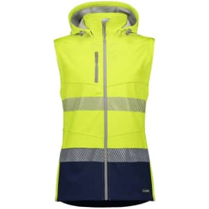 A women's high-visibility yellow and navy 2-in-1 stretch softshell jacket with a hood and reflective stripes.