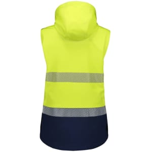 A women's 2-in-1 stretch softshell jacket in high visibility yellow with navy stripes and a hood. Features a logo.