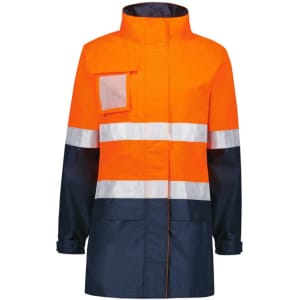 A waterproof jacket in vibrant orange and navy, featuring reflective stripes and a chest pocket.
