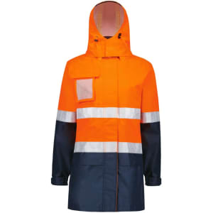 A waterproof jacket in high visibility orange and navy, featuring reflective stripes and a hood. It has a front pocket and branding.