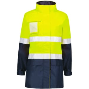 A waterproof jacket in high visibility yellow with navy blue accents and reflective stripes. Features a chest pocket and collar.