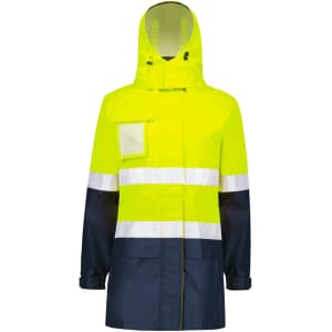 A high visibility ultralite waterproof jacket in bright yellow and navy, featuring reflective stripes and a hood.