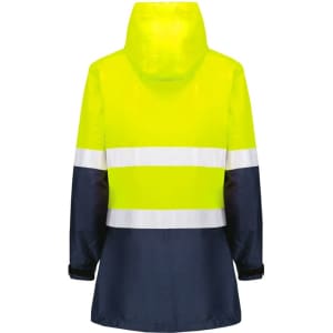 A women's hi-vis ultralite waterproof jacket in bright yellow and navy, featuring reflective stripes and a hood.