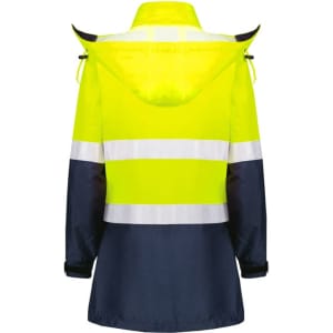 A waterproof women's jacket featuring high visibility yellow and navy blue colours, with reflective stripes and a hood.