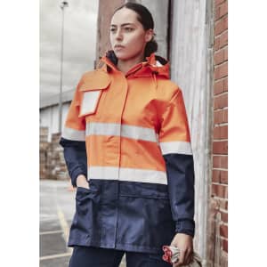 A women's hi-vis ultralite waterproof jacket in orange and navy, featuring reflective stripes and a hood.