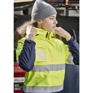 A waterproof jacket in hi-vis yellow with navy sleeves, featuring reflective stripes and a logo.