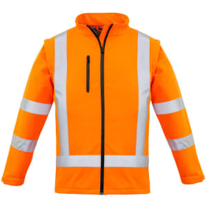 An orange softshell jacket with reflective stripes and a zippered pocket, featuring a logo on the upper left.