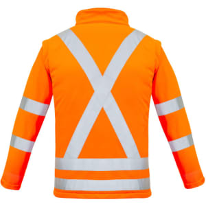 A bright orange softshell jacket featuring reflective X-back stripes and sleeves. The jacket has a collar and a logo.