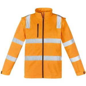 A bright orange softshell jacket featuring reflective strips, with a zippered front and a logo on the chest.