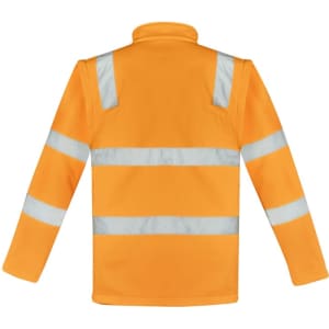 A unisex hi-vis softshell jacket in bright orange with reflective stripes on the back. Features a logo.