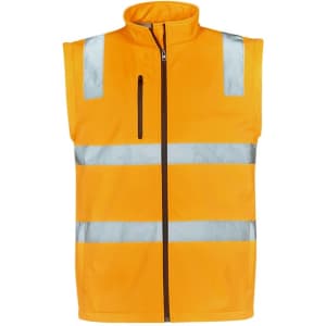 A unisex hi-vis softshell jacket in bright yellow with reflective strips and a zippered pocket.