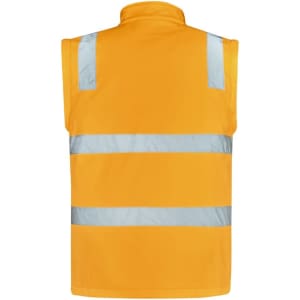 A bright yellow unisex hi-vis softshell jacket with reflective stripes on the back, featuring no sleeves.