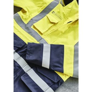 A high-visibility yellow and navy jacket featuring reflective strips and a brand logo.