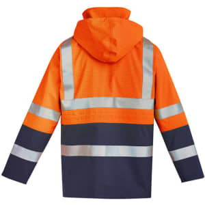 A waterproof jacket in orange with reflective stripes and a hood, designed for workwear purposes. It features a logo.