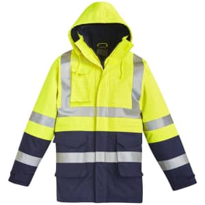 High-visibility jacket in bright yellow with navy accents, featuring reflective stripes and a hood. Includes pockets and a logo.