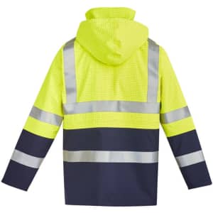 A high-visibility jacket in bright yellow and navy, featuring reflective strips and a hood for safety.