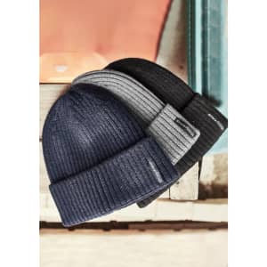A collection of three Unisex Streetworx beanies in navy, grey, and black, featuring a logo on the band.