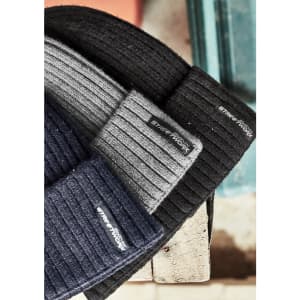 Three Unisex Streetworx Beanies in navy, grey, and black, featuring a logo on the band.