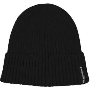 A black unisex beanie with a ribbed texture and a small logo on the side.