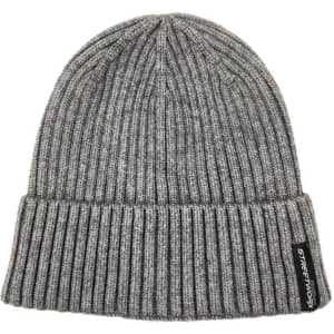 A grey unisex beanie with ribbed texture and a small logo on the side.